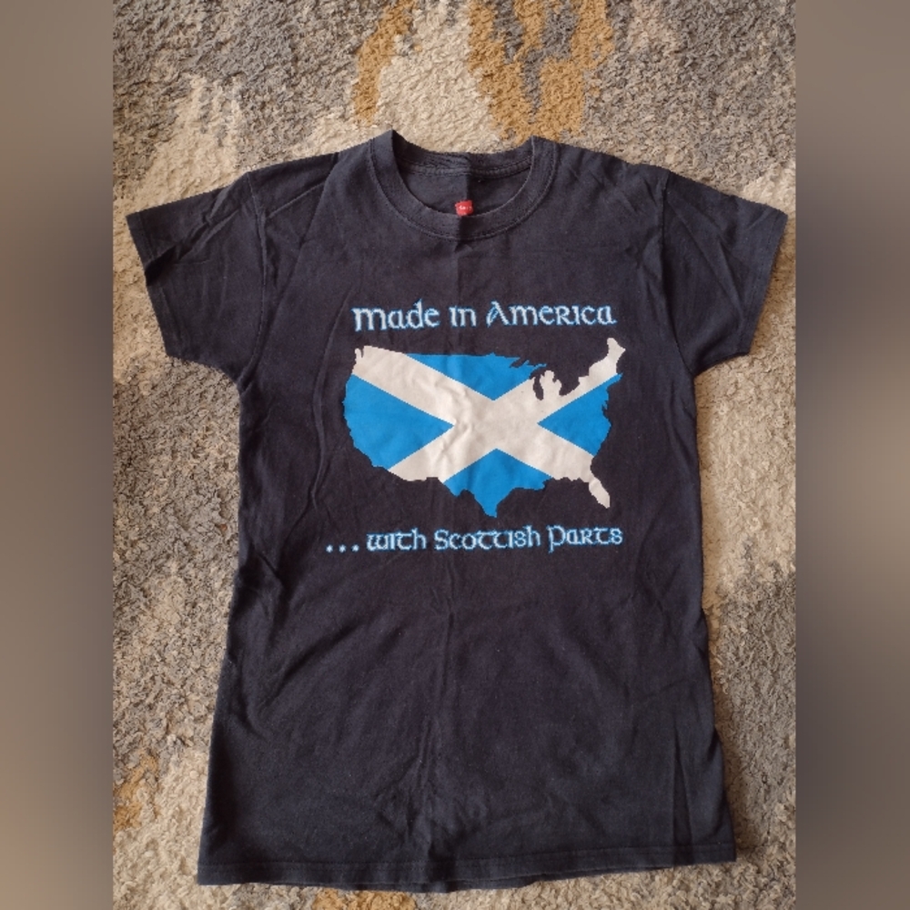 Made in America with Scottish Parts black t shirt, women's small. Hanes